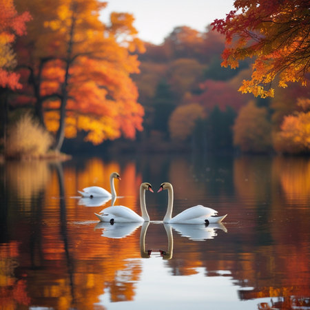 Beautiful autumn landscape with swans on the lake and colorful treesの素材