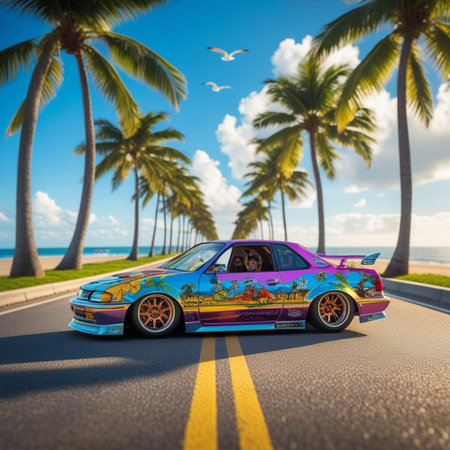 3D rendering of a race car on the road with palm treesの素材