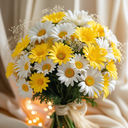 Beautiful bouquet of daisies on a light background.の素材