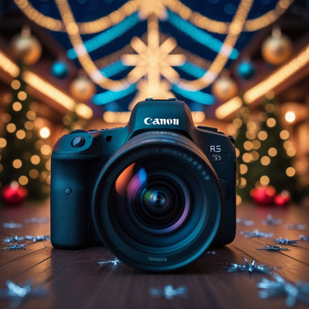 Digital camera with christmas lights bokeh background. Christmas concept.の素材