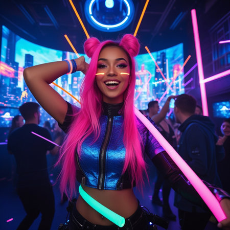 Portrait of beautiful Asian woman with pink hair dancing in nightclubの素材