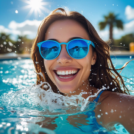 Portrait of a happy young woman in sunglasses swimming in the pool.の素材