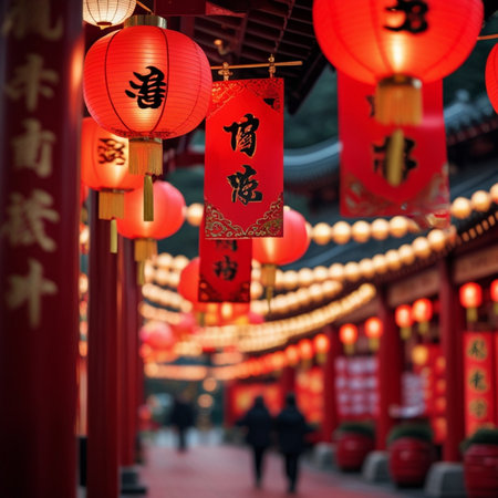 Red lanterns at the entrance to the Temple of Heaven in Beijing, Chinaの素材