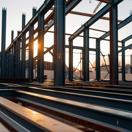 Construction of a multi-storey building in the city at sunsetの素材