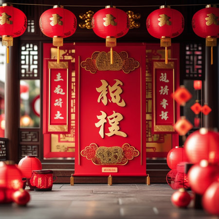 Chinese New Year Decoration with red paper lanterns in Chinese templeの素材