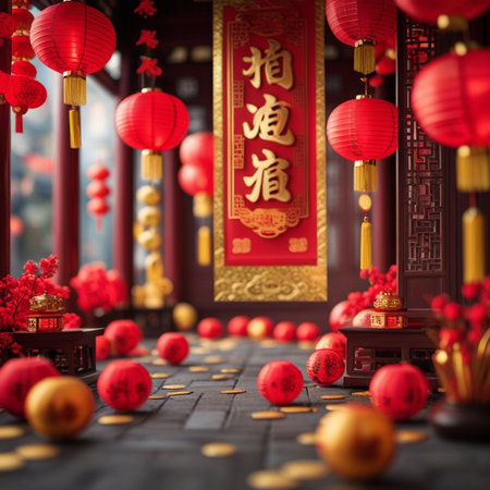 Chinese New Year background with red lanterns and gold ingots.の素材