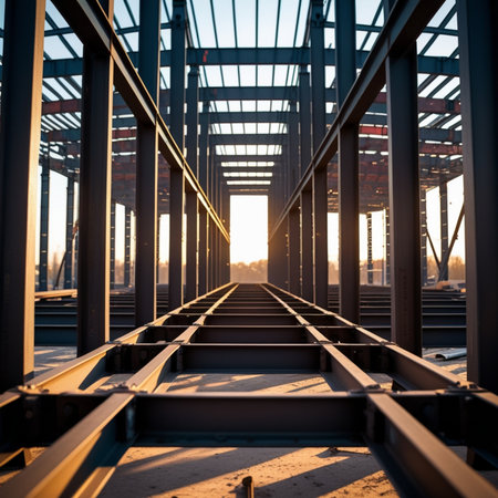 Steel structure of a bridge over a river at sunset. Perspective viewの素材