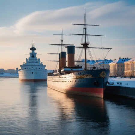 Ships on the Neva River in St.Petersburg, Russia.の素材