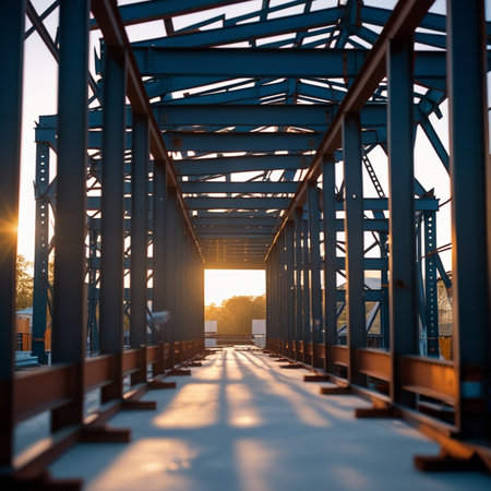 Steel structure at sunset. Industrial background. Industrial construction. Steel structureの素材