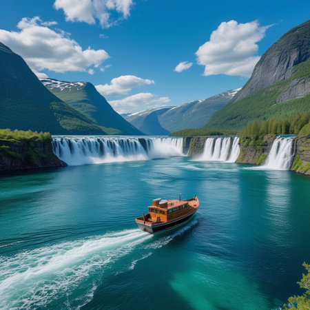 Aerial view of the Geirangerfoss waterfall, Norwayの素材