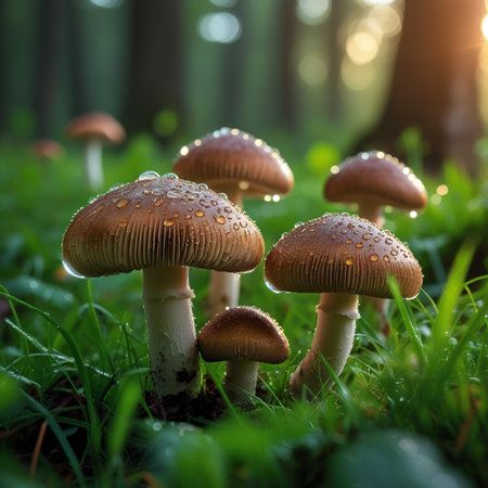 mushrooms in the forest with dew drops on the leavesの素材