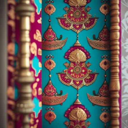 Beautiful oriental paisley pattern on blue and pink backgroundの素材