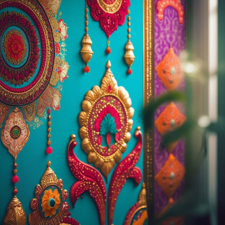 Traditional Indian design on turquoise wall. Bali, Indonesiaの素材