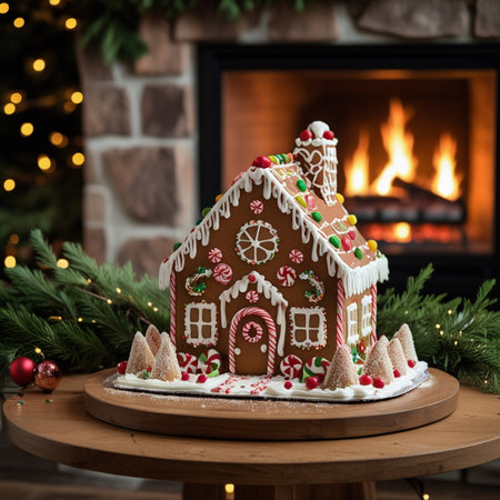 gingerbread house in front of a fireplace with christmas treeの素材