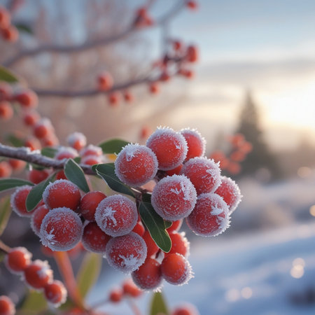 Frozen rowan berries on a branch in the winter forest.の素材