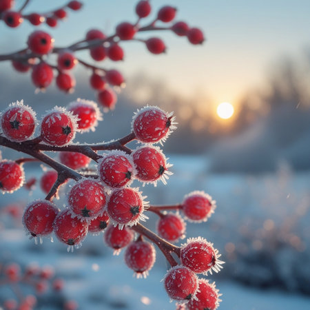 Frozen red berries on a branch in the rays of the setting sunの素材