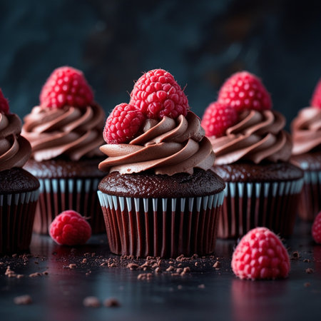 Chocolate cupcakes with raspberries on a dark background.の素材
