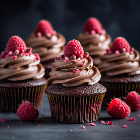Chocolate cupcakes with raspberries and chocolate cream on dark backgroundの素材