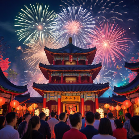 Beautiful chinese temple with firework in china town.の素材