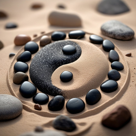 Zen garden with stones and yin yang symbol. 3D renderingの素材