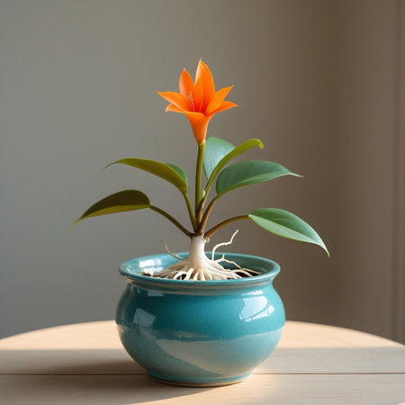 Orange flower in pot on wooden table and gray wall background, home decorの素材