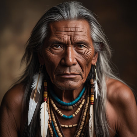 Portrait of an old native Indian man with headdress.の素材