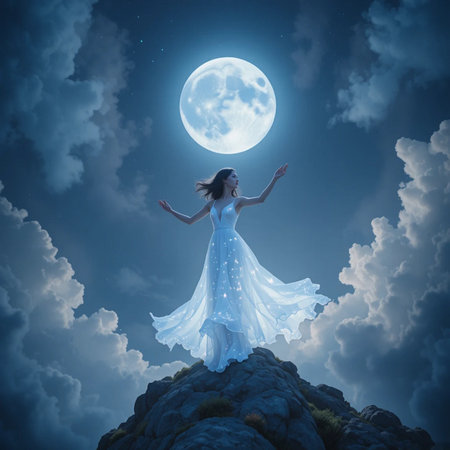 Young woman in a long white dress in the sky with full moonの素材