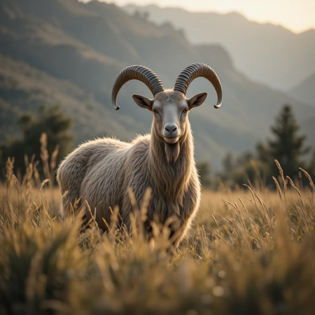 Mouflon in the mountains at sunset. Beautiful animal portrait.の素材