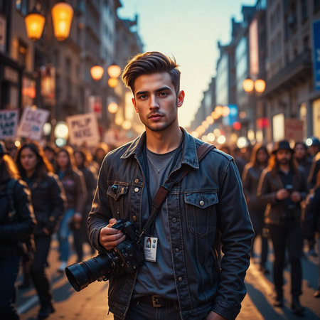 A young man with a camera in the street.の素材
