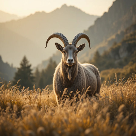 Barbary sheep in the meadow at sunset in the mountainsの素材