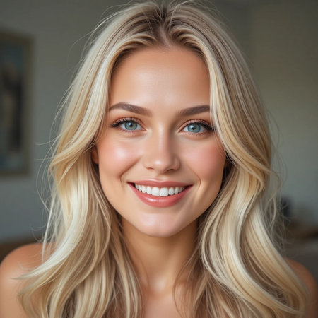 Portrait of a beautiful young woman with long blond hair, smiling.の素材