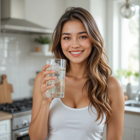 smiling young woman holding glass of water and looking at camera in kitchenの素材