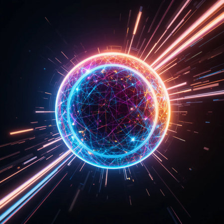 Glowing globe with lines and dots on dark background. Illustrationの素材