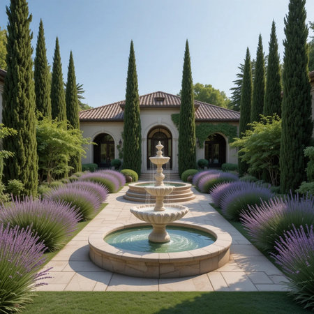 Luxury villa garden with fountain and lavender flowers.の素材