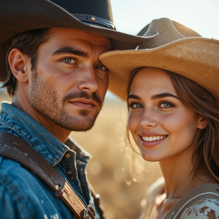 Portrait of beautiful young couple in cowboy hat on wheat field.の素材