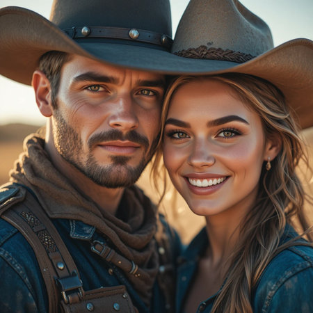 Beautiful couple in cowboy hats smiling and looking at camera in countrysideの素材