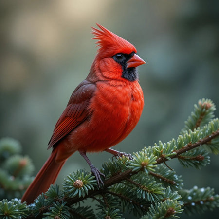 Male Northern Cardinal (cardinalis cardinalis) perched on a pine branchの素材