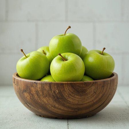 Green apples in a wooden bowl on a white wooden table, selective focusの素材