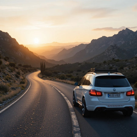 Car on the road in the mountains at sunset. Travel concept.の素材