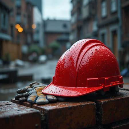 Red safety helmet and gloves on a brick wall in the rain.の素材