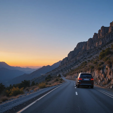 Car on the road in the mountains at sunset, California, USAの素材