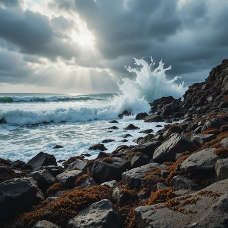 Stormy seascape with waves crashing on the rocks at sunsetの素材