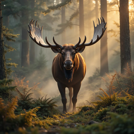 Moose with big antlers in the misty forest. Wildlife scene.の素材