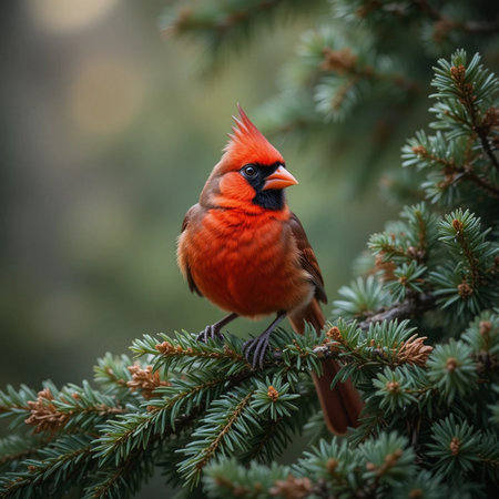 Male Northern Cardinal (cardinalis cardinalis) perched on a spruce branchの素材