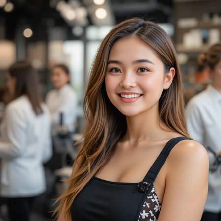 Portrait of beautiful Asian woman smiling and looking at camera in cafeの素材