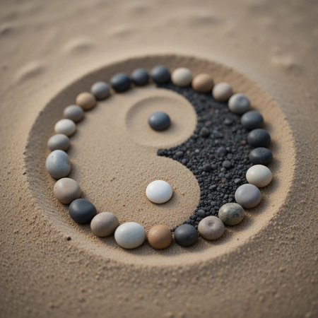 Yin Yang symbol made of stones on sand. Zen concept.の素材