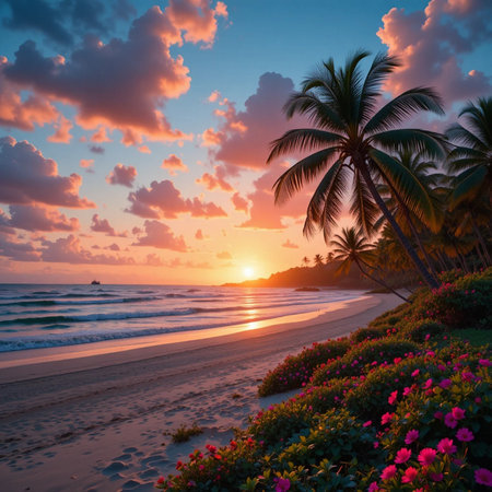 Beautiful sunset on the beach with palm trees and pink flowers.の素材