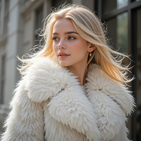fashion outdoor photo of beautiful sensual woman with blond hair in luxurious fur coatの素材