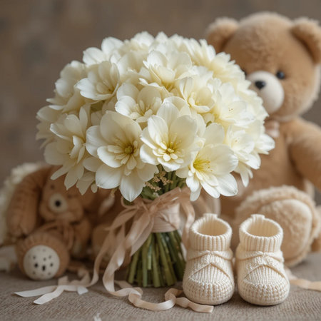 Bouquet of white daffodils, baby boots and teddy bearの素材