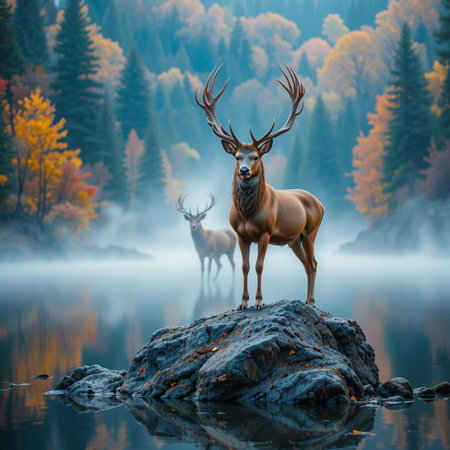 Majestic red deer stag standing on rock over misty lake in autumn forestの素材